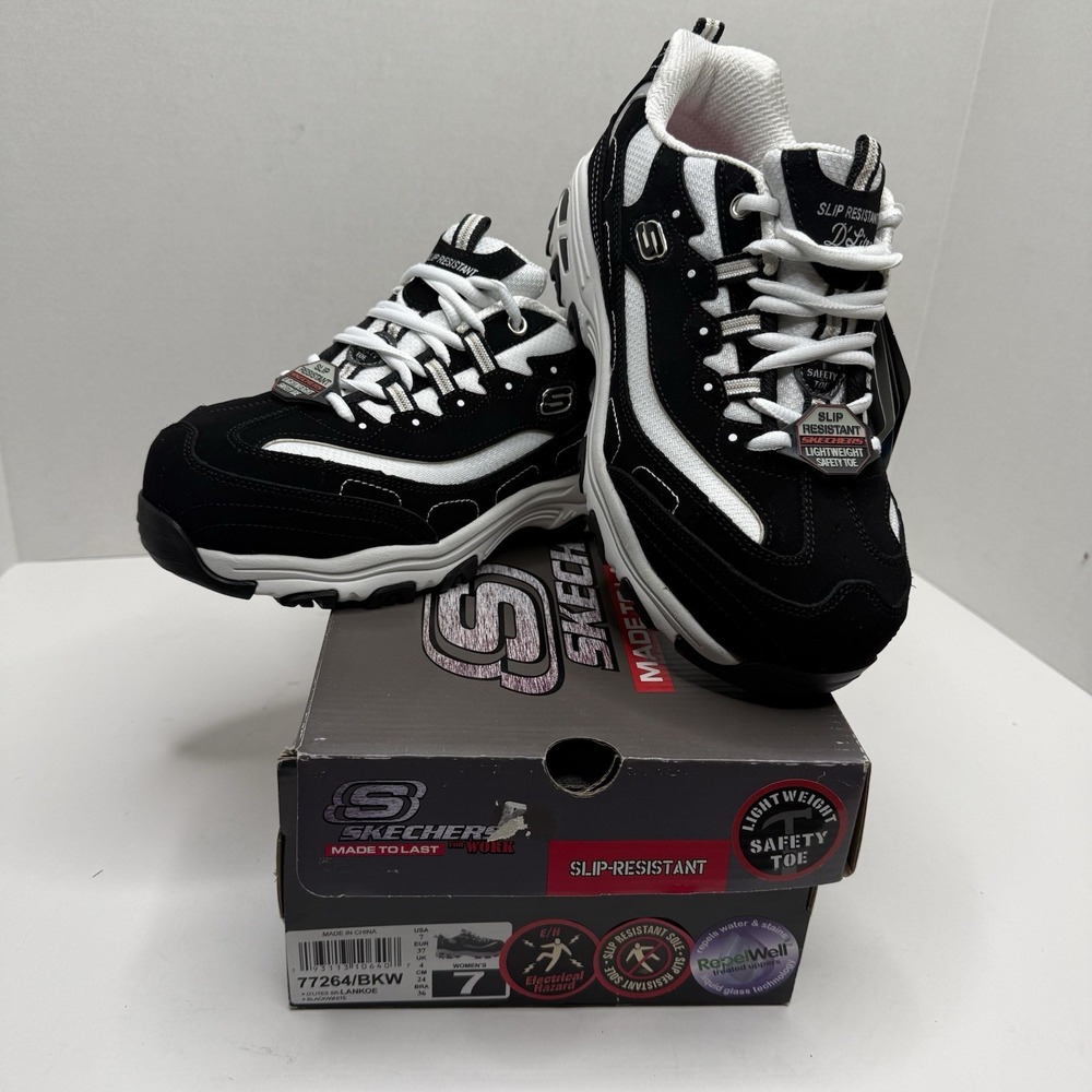 Skechers Work D'Lites SR Lankoe Safety Toe Shoes Womens 7 Black White 77264/BKW
